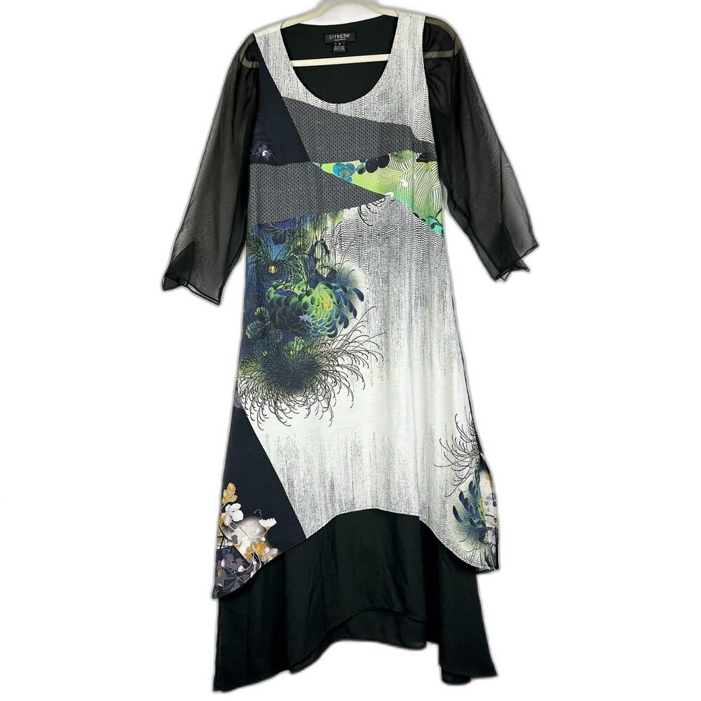 Citron Santa Monica Abstract Midi Dress Size Small Art to Wear Lagenlook